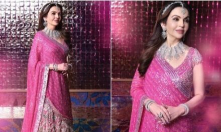 Nita Ambani looks magnificent in pink. At the sangeet of Anant Ambani and Radhika Merchant.