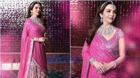 Nita Ambani looks magnificent in pink. At the sangeet of Anant Ambani and Radhika Merchant.