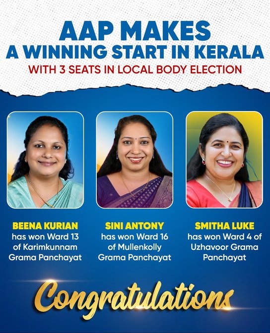 Kejriwal wishes Beena Kurian, Sini Antony, and Smitha Luke on their victory in the Kerala local body elections